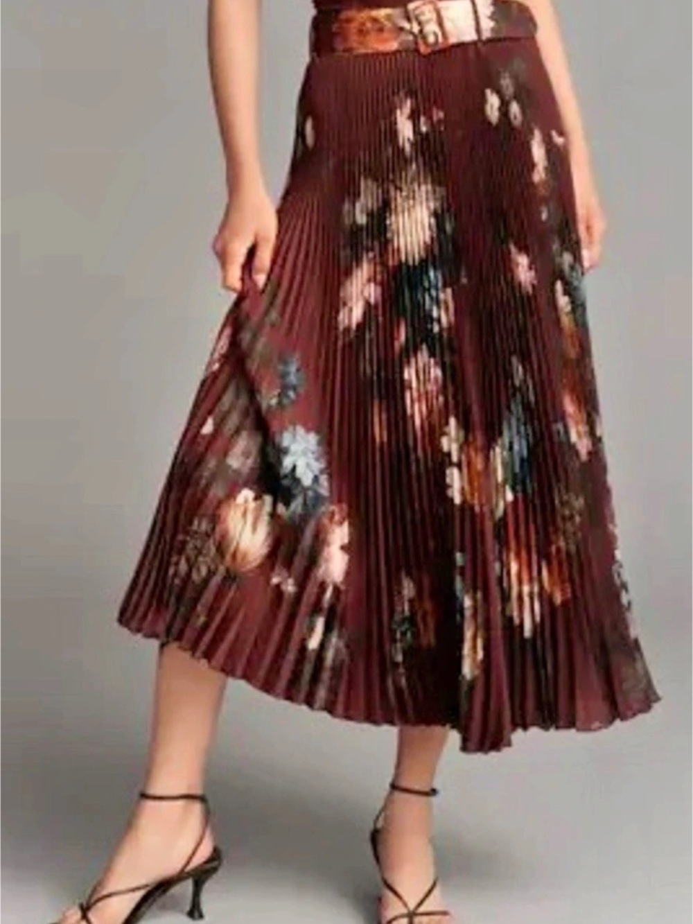 Ranna Gill Pleated Midi Skirt Floral in Burgundy XS NWT
